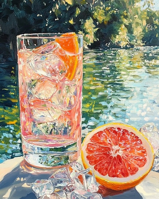 Citrus Cooler by the Lake – Vibrant Still Life Oil Painting for Summer Decor