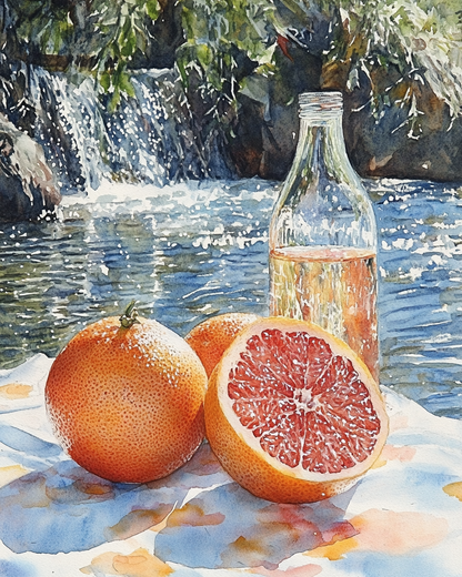 Grapefruit by the Waterfall – Natural Citrus Still Life Oil Painting