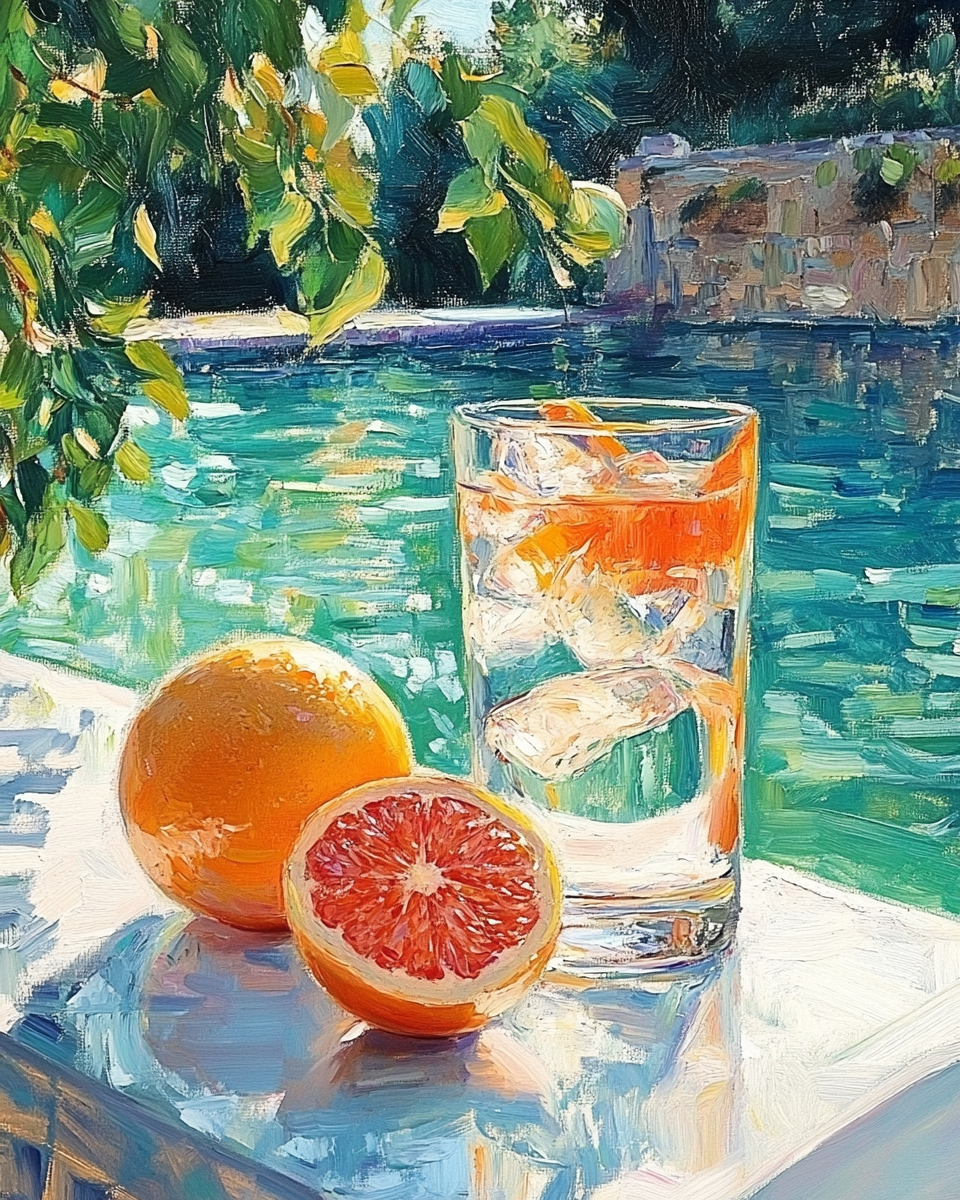 Citrus & Ice by the Pool – Vibrant Summertime Oil Painting for Fresh Decor