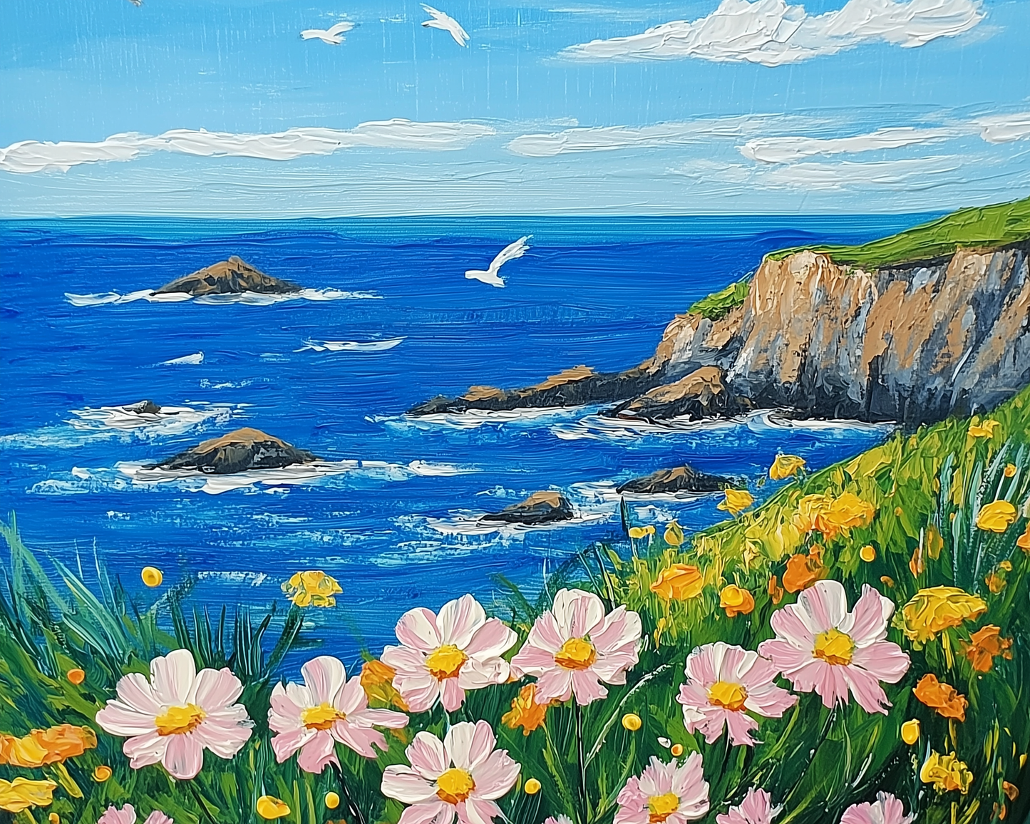 Cliffside Breeze: Oceanview Landscape Oil Art