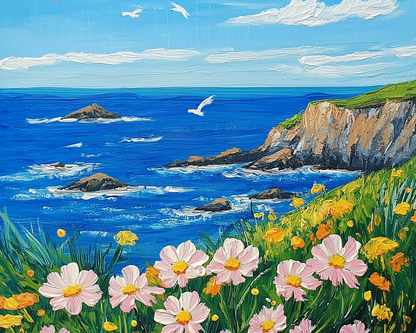 Cliffside Breeze: Oceanview Landscape Oil Art