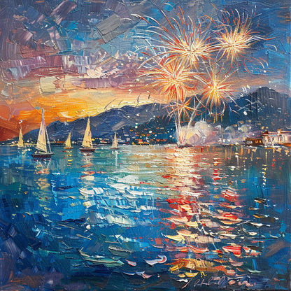 Fireworks in the Night Sky - Modern Oil Painting