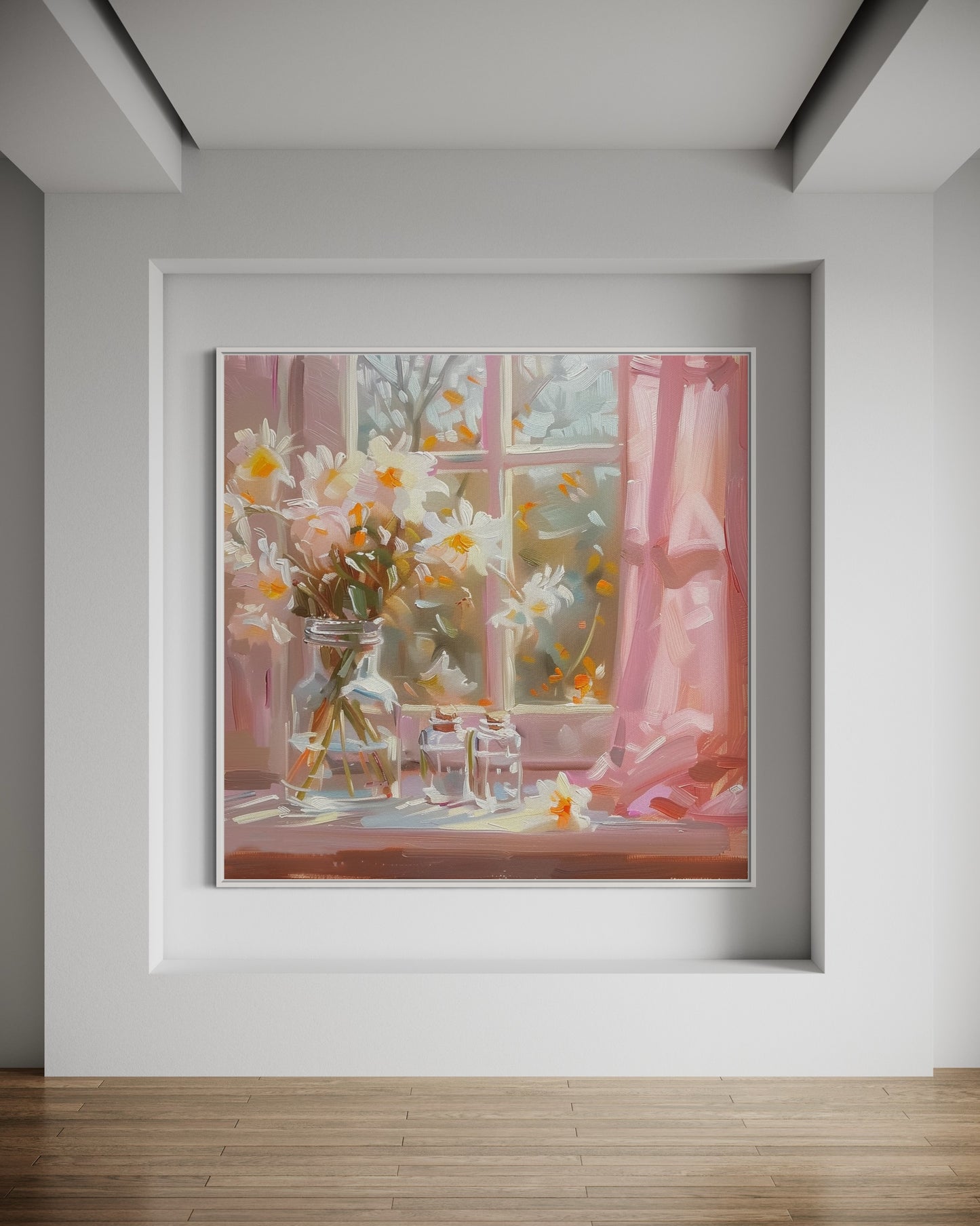 Romantic Sunlit Daffodils with Pink Curtains: Oil Painting for Bedroom Decor