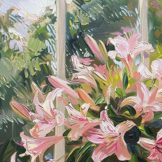 Pink Lilies in Sunlit Window - Elegant Floral Oil Painting