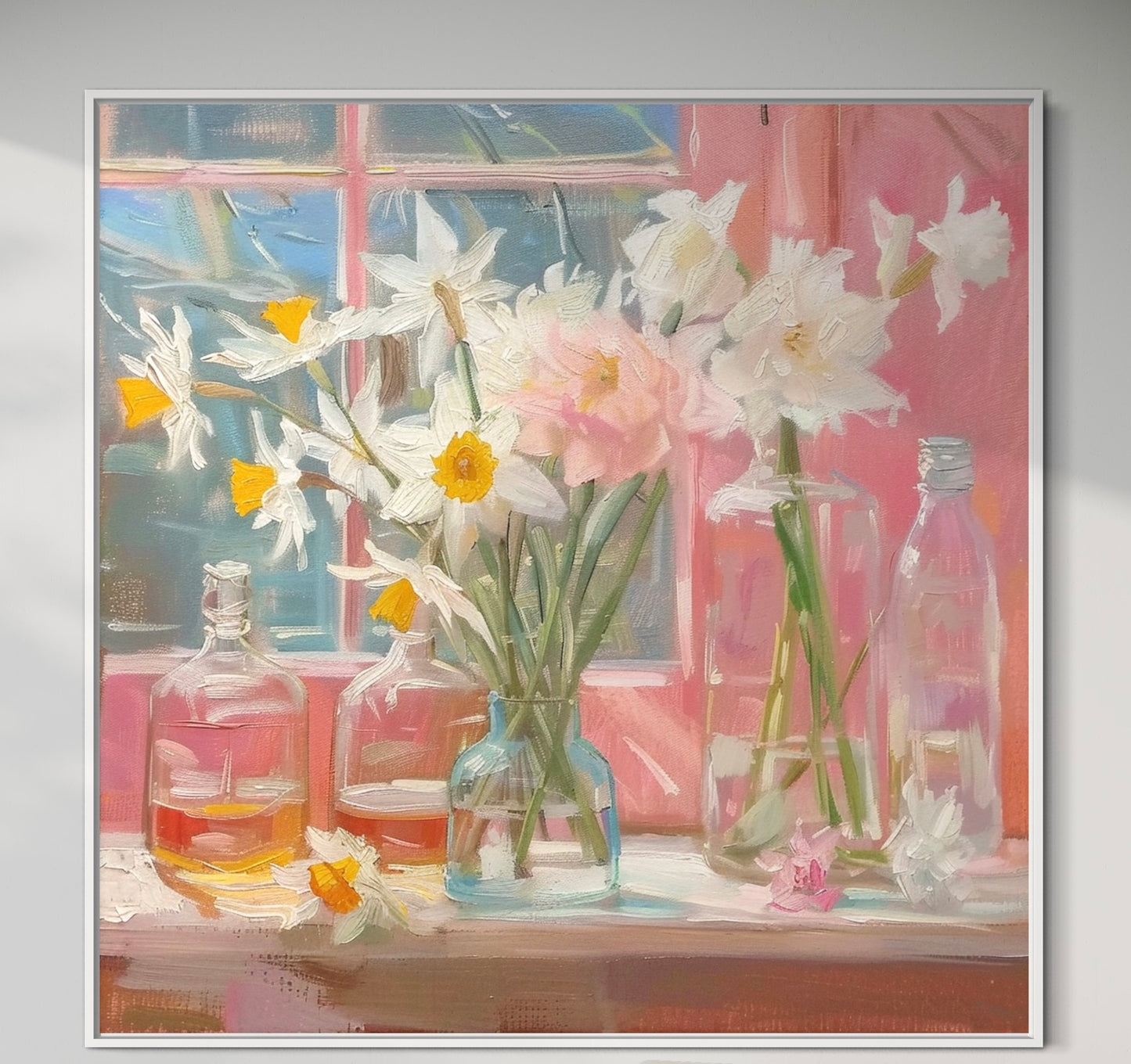 Daffodils in Glass Bottles - Pastel Still Life Oil Painting