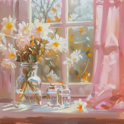 Romantic Sunlit Daffodils with Pink Curtains: Oil Painting for Bedroom Decor