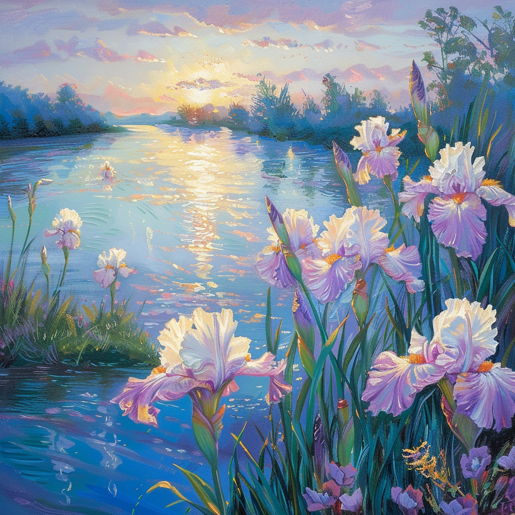 Iris Blooms by the Lake Canvas Oil Painting