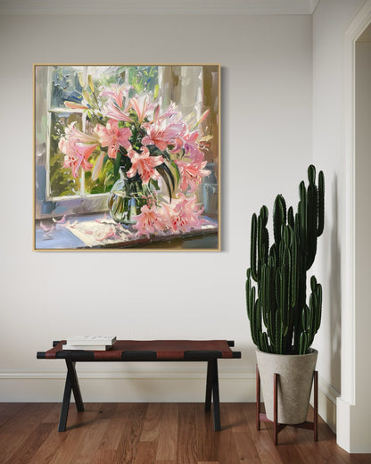 Vibrant Pink Lilies Bouquet - Window Still Life Artwork