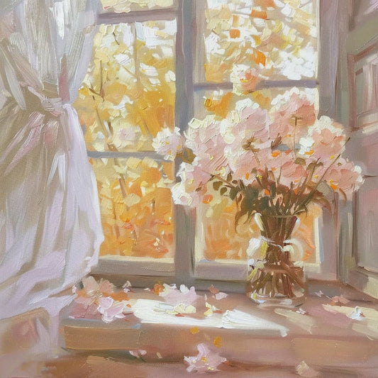 Golden Hour Roses - Romantic Floral Window Painting