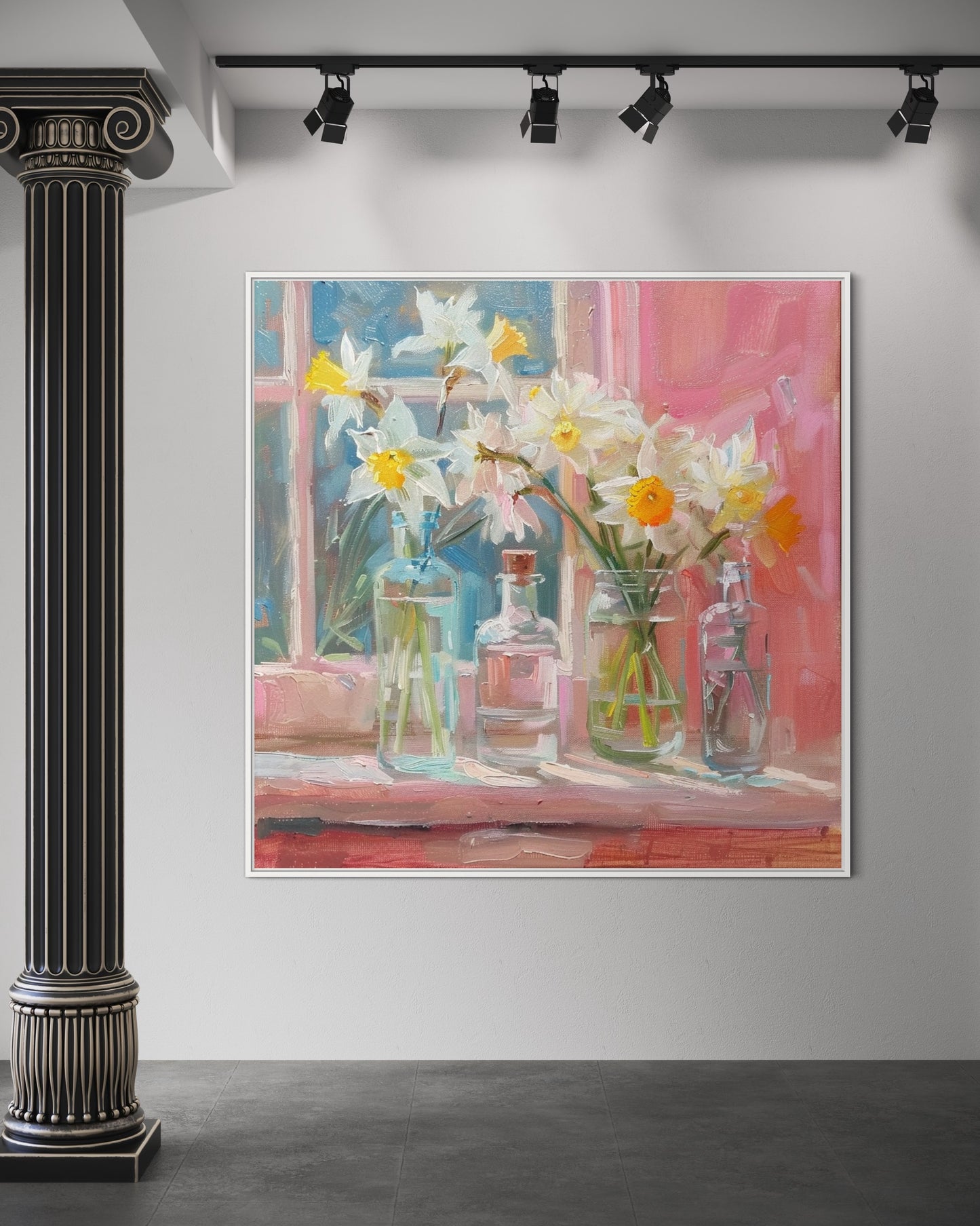 Springtime Daffodils in Glass Bottles: Sunlit Floral Oil Painting for Modern Wall Decor