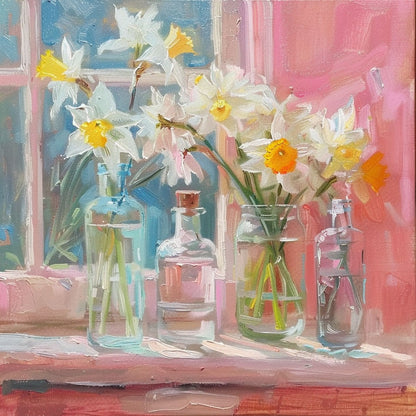 Springtime Daffodils in Glass Bottles: Sunlit Floral Oil Painting for Modern Wall Decor