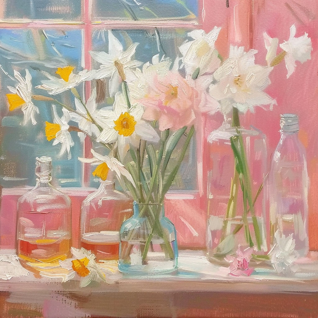 Daffodils in Glass Bottles - Pastel Still Life Oil Painting