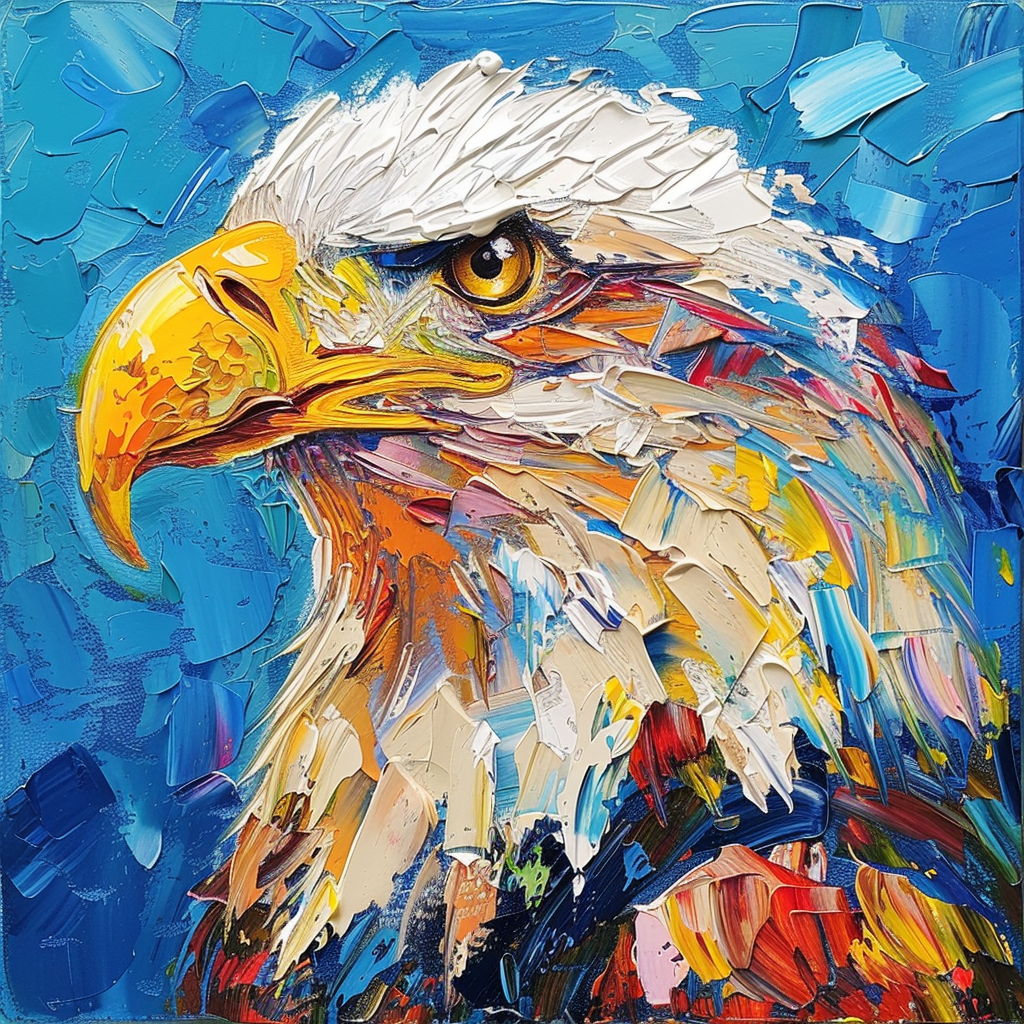 Bold Eagle Oil Painting - Patriotic Wall Art with Dynamic Blue Background