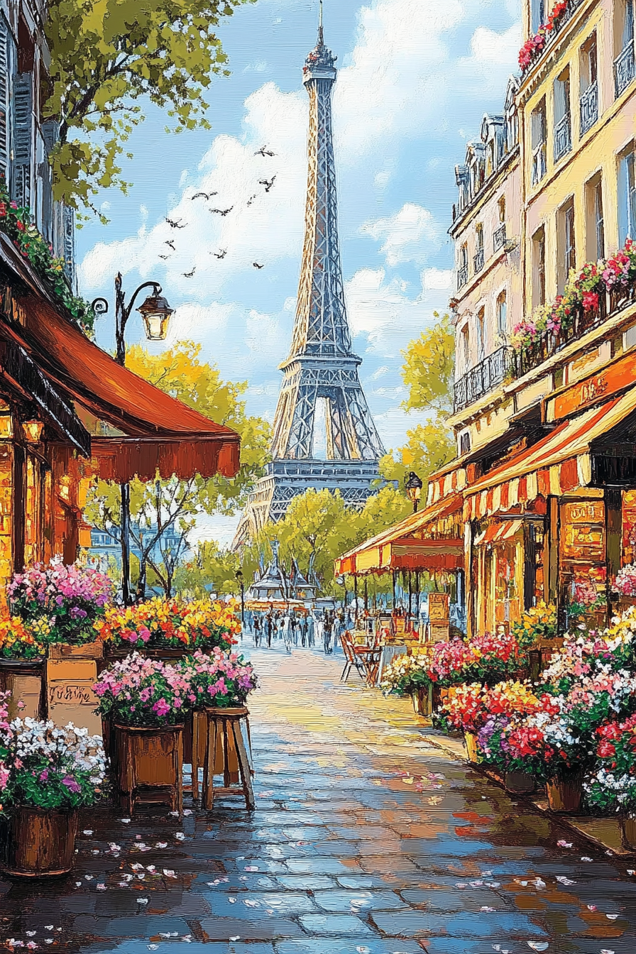 Eiffel Tower Café Stroll: Parisian Street Scene Oil Painting