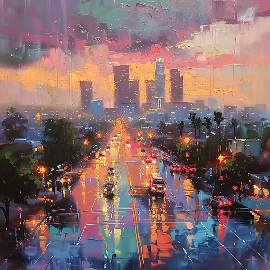 Los Angeles Sunset Cityscape Hand-Painted Canvas Art