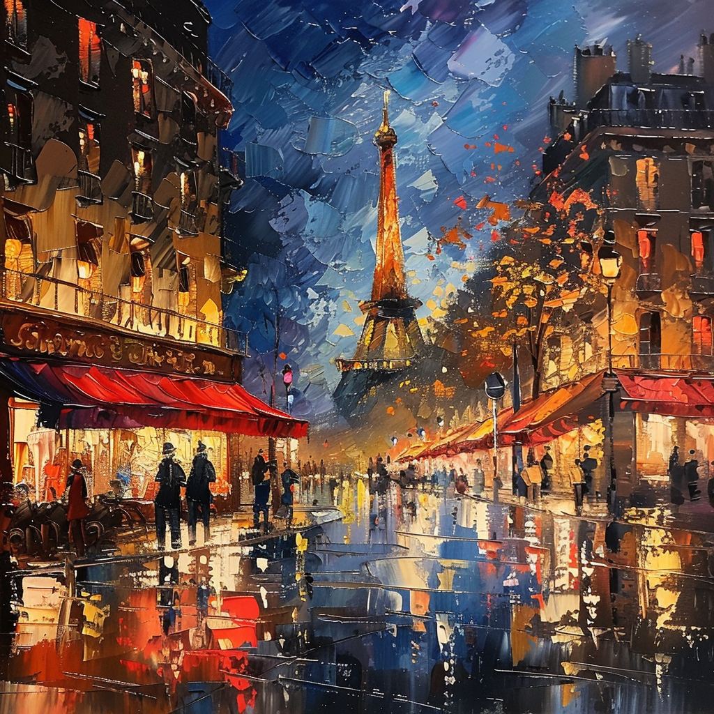 Eiffel Tower Street Night Hand-Painted Oil Painting