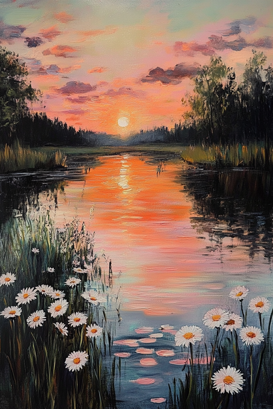 Evening Glow by the River: Tranquil Sunset Landscape Painting