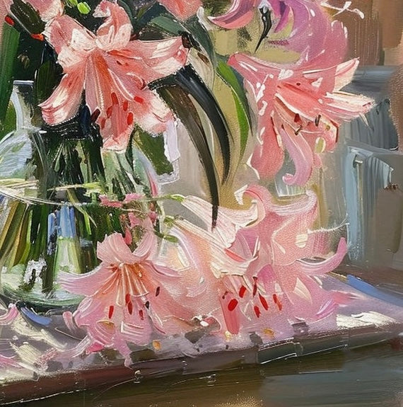 Vibrant Pink Lilies Bouquet - Window Still Life Artwork