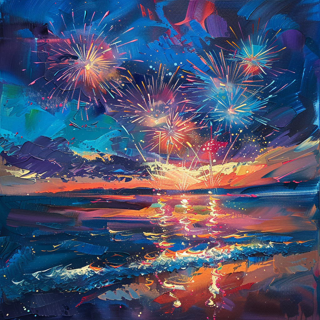 Sailboats and Fireworks Evening Glow - Original Oil Painting