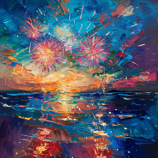 Ocean Waves and Fireworks Display - Hand-Painted Canvas