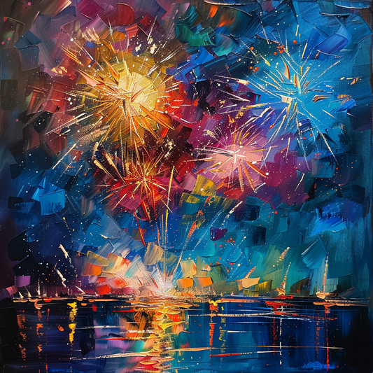 Vibrant Fireworks over the Harbor - Handmade Oil Canvas