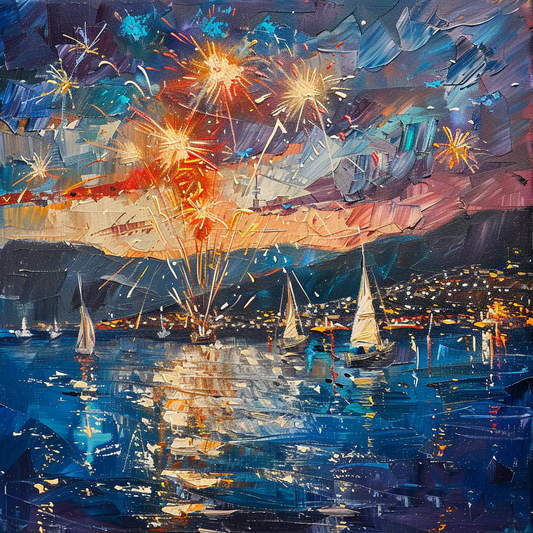 Boats and Fireworks Celebration - Original Canvas Oil Painting