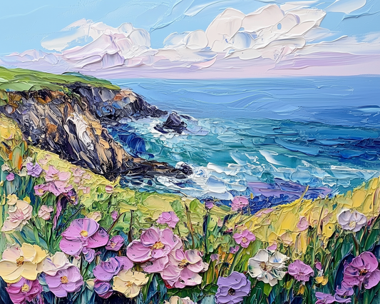 Floral Cliffs: Vibrant Coastal Wildflowers Oil Artwork