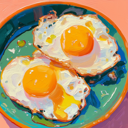 Colorful Fried Egg Oil Painting | Hand-Painted Breakfast Still Life Art | Vibrant Food Art on Canvas for Kitchen or Dining Room Decor