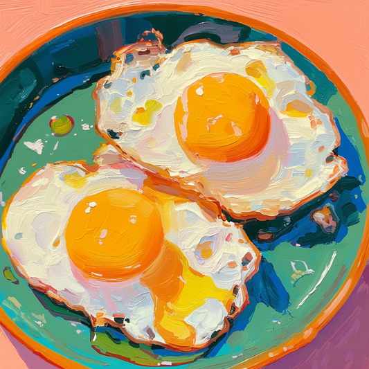 Colorful Fried Egg Oil Painting | Hand-Painted Breakfast Still Life Art | Vibrant Food Art on Canvas for Kitchen or Dining Room Decor