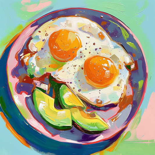 Fried Eggs & Avocado Art | Colorful Kitchen Wall Decor | Bold Modern Abstract Food Painting | Handmade Canvas Artwork