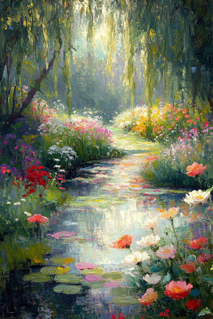 Garden of Enchanted Reflections: Dreamy Floral Oil Painting