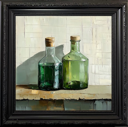 Green Glass Bottles Oil Painting on Canvas