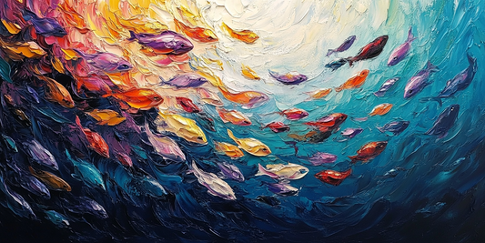 Colorful Fish in Motion – Horizontal Oil Painting for Vibrant Wall Art