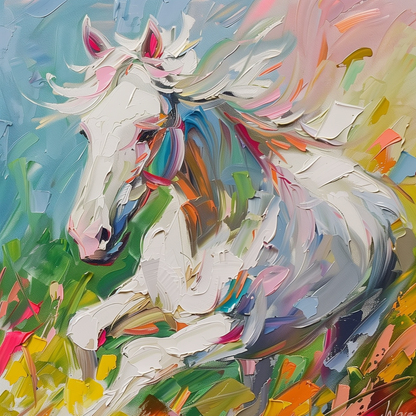 Dynamic White Stallion Oil Painting - Energetic Horse Canvas Art for Living Room Decor