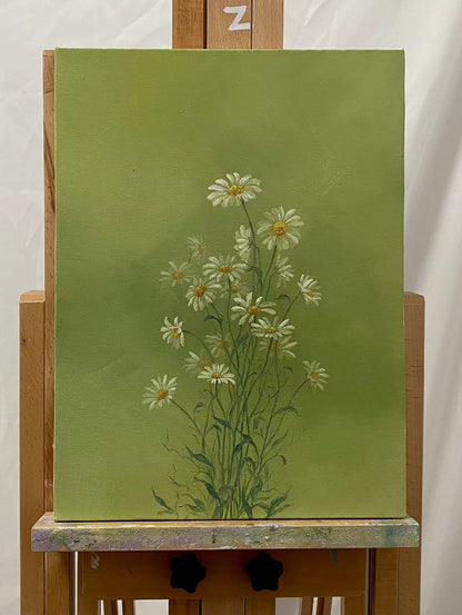 Serene Green Floral Oil Painting - Hand-Painted Daisies on Canvas