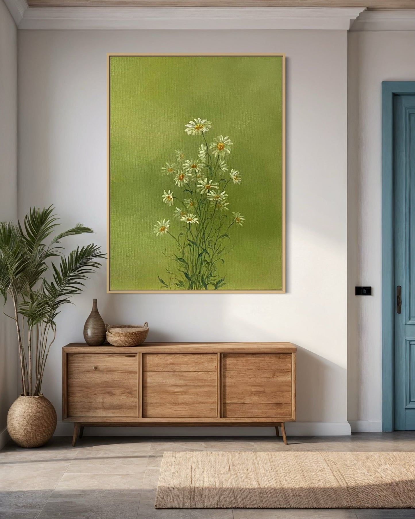 Serene Green Floral Oil Painting - Hand-Painted Daisies on Canvas