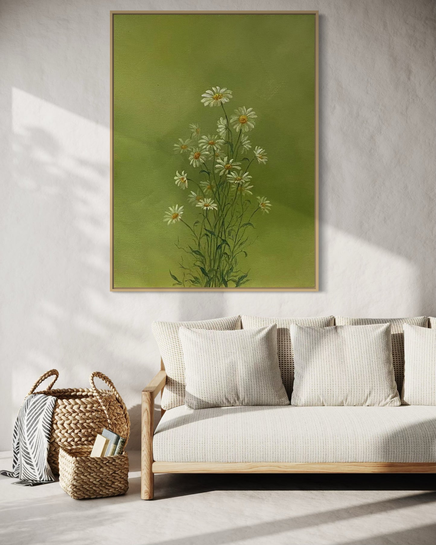 Serene Green Floral Oil Painting - Hand-Painted Daisies on Canvas