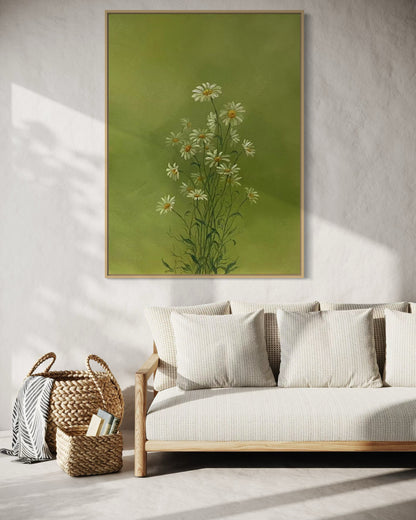 Serene Green Floral Oil Painting - Hand-Painted Daisies on Canvas