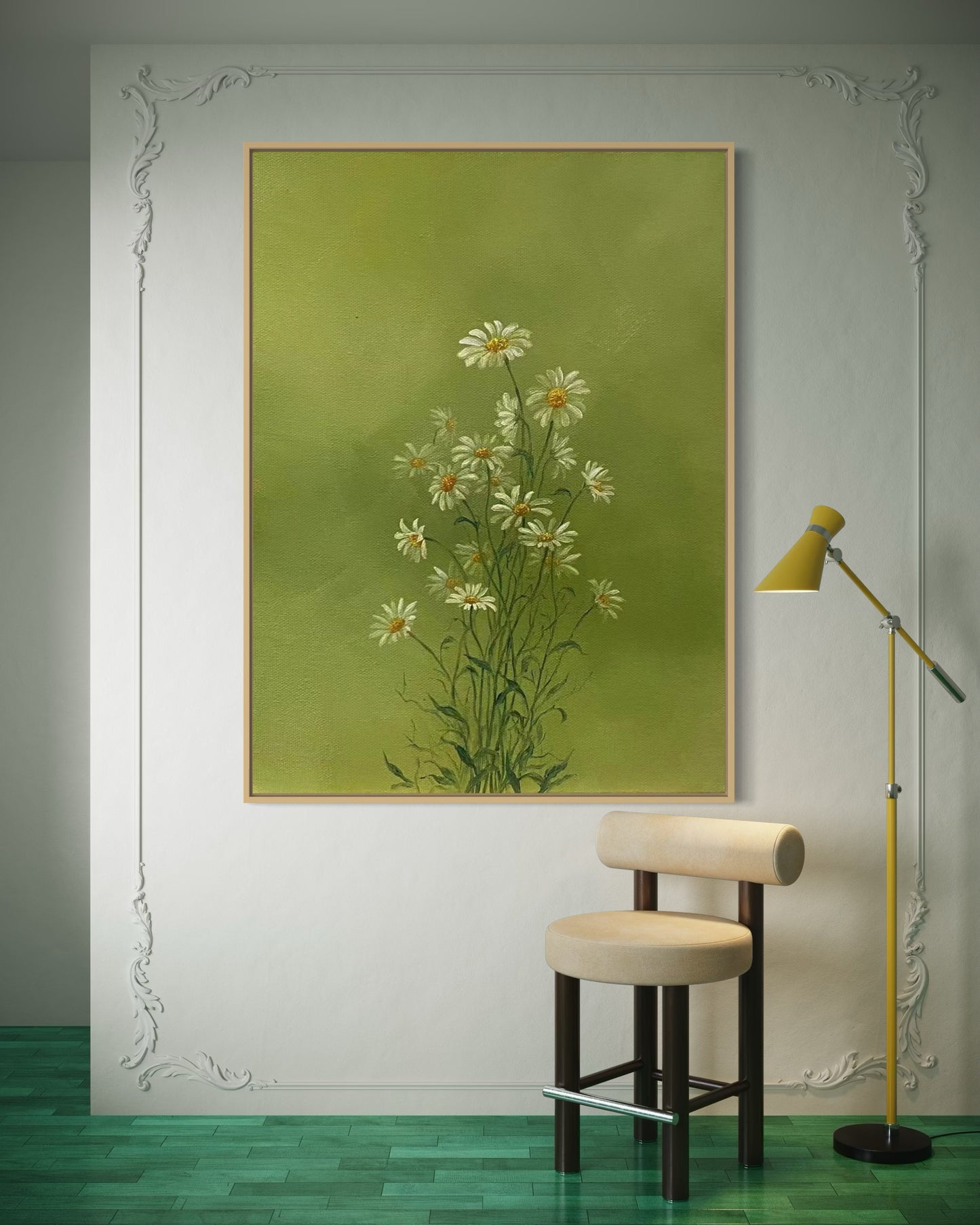 Serene Green Floral Oil Painting - Hand-Painted Daisies on Canvas