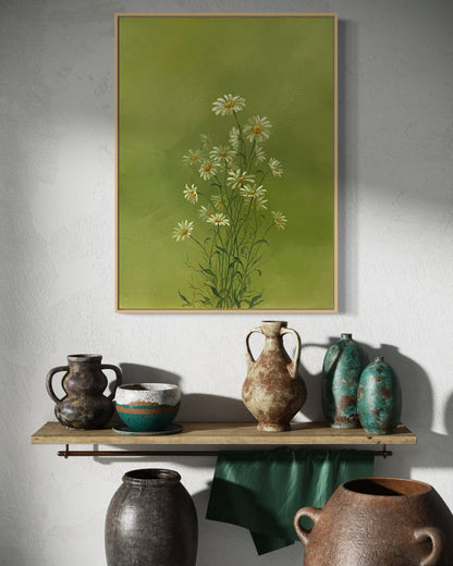 Serene Green Floral Oil Painting - Hand-Painted Daisies on Canvas