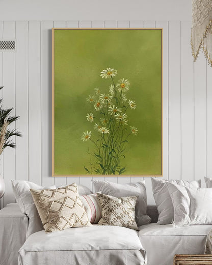 Serene Green Floral Oil Painting - Hand-Painted Daisies on Canvas