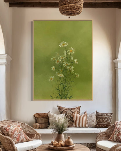 Serene Green Floral Oil Painting - Hand-Painted Daisies on Canvas