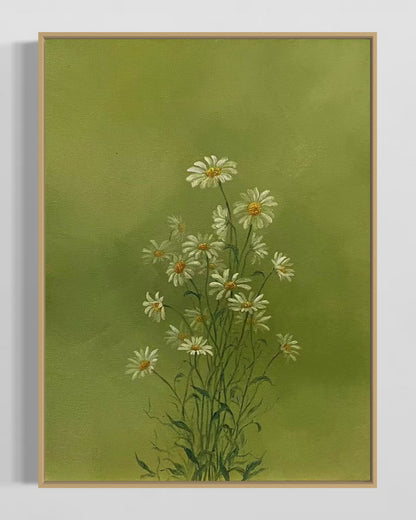 Serene Green Floral Oil Painting - Hand-Painted Daisies on Canvas