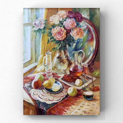 Still Life with Flowers and Fruits| Warm Tones, Roses, Wine, Lemons, Apples, Oil Painting On Canvas, Original Hand-drawn, Living Room, Bedroom, Office Decoration