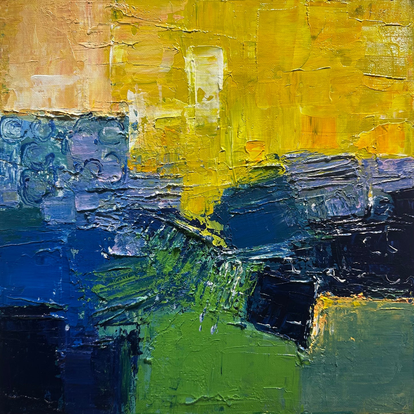 Bold Yellow and Blue Abstract Acrylic Painting