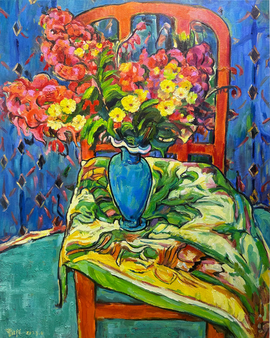 Vibrant Floral Arrangement Oil Painting on Chair