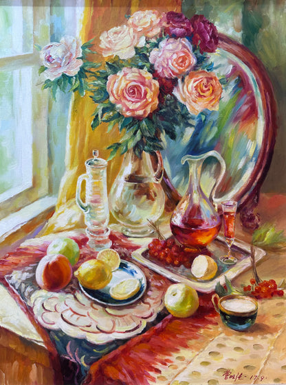 Still Life with Flowers and Fruits| Warm Tones, Roses, Wine, Lemons, Apples, Oil Painting On Canvas, Original Hand-drawn, Living Room, Bedroom, Office Decoration