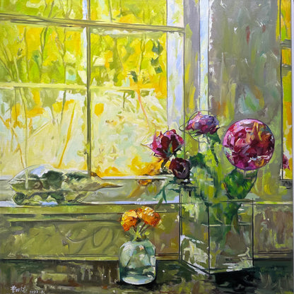 Sunlit Window with Flowers Oil Painting