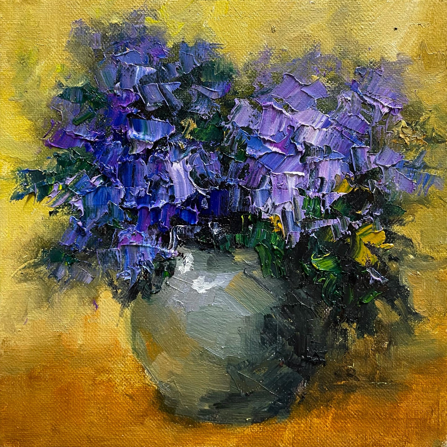 Vibrant Purple Flowers in Vase Oil Painting