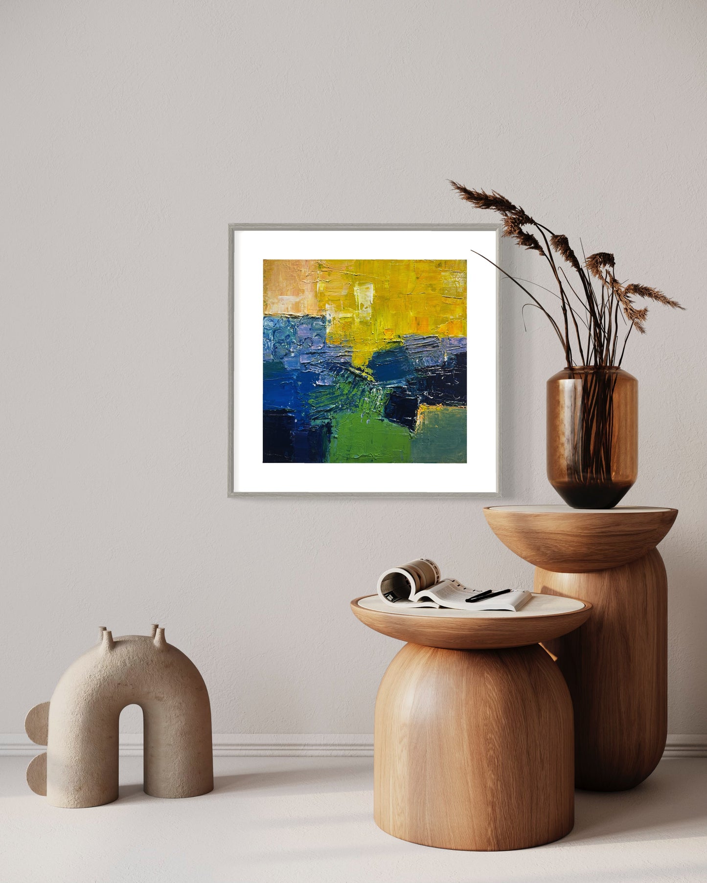 Bold Yellow and Blue Abstract Acrylic Painting